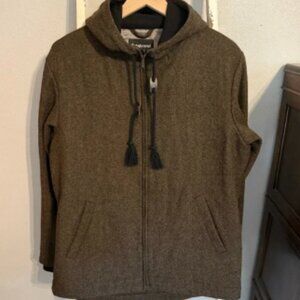 Betabrand Academic Brown Wool Herringbone Hooded Jacket Sz M with Elbow Patches